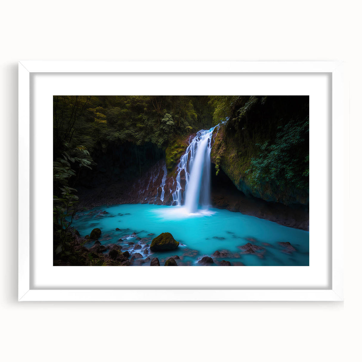 Abstract art print depicting a vibrant, colorful Costa Rican landscape on a framed white mat, ideal for dining room decor.