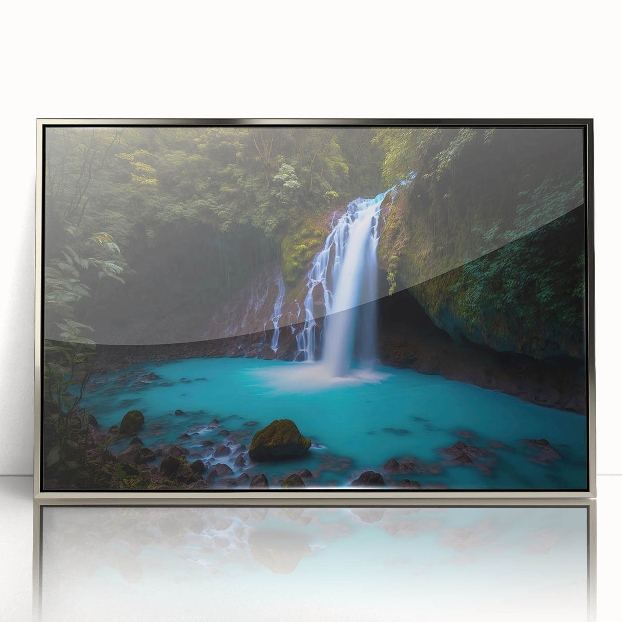 Mid-century modernist art depicting a lush Costa Rican landscape in vibrant green tones, framed in silver acrylic.