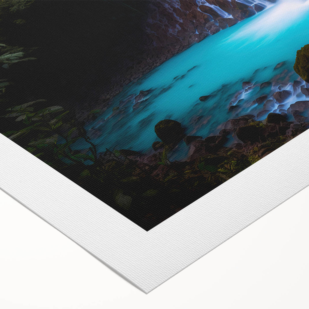 Art deco poster of a Costa Rican landscape in muted green and blue tones on rolled canvas, suitable for dining room decor.