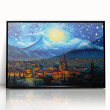 Large abstract wall art featuring a stylized Guatemalan landscape in muted earth tones, framed in black acrylic.