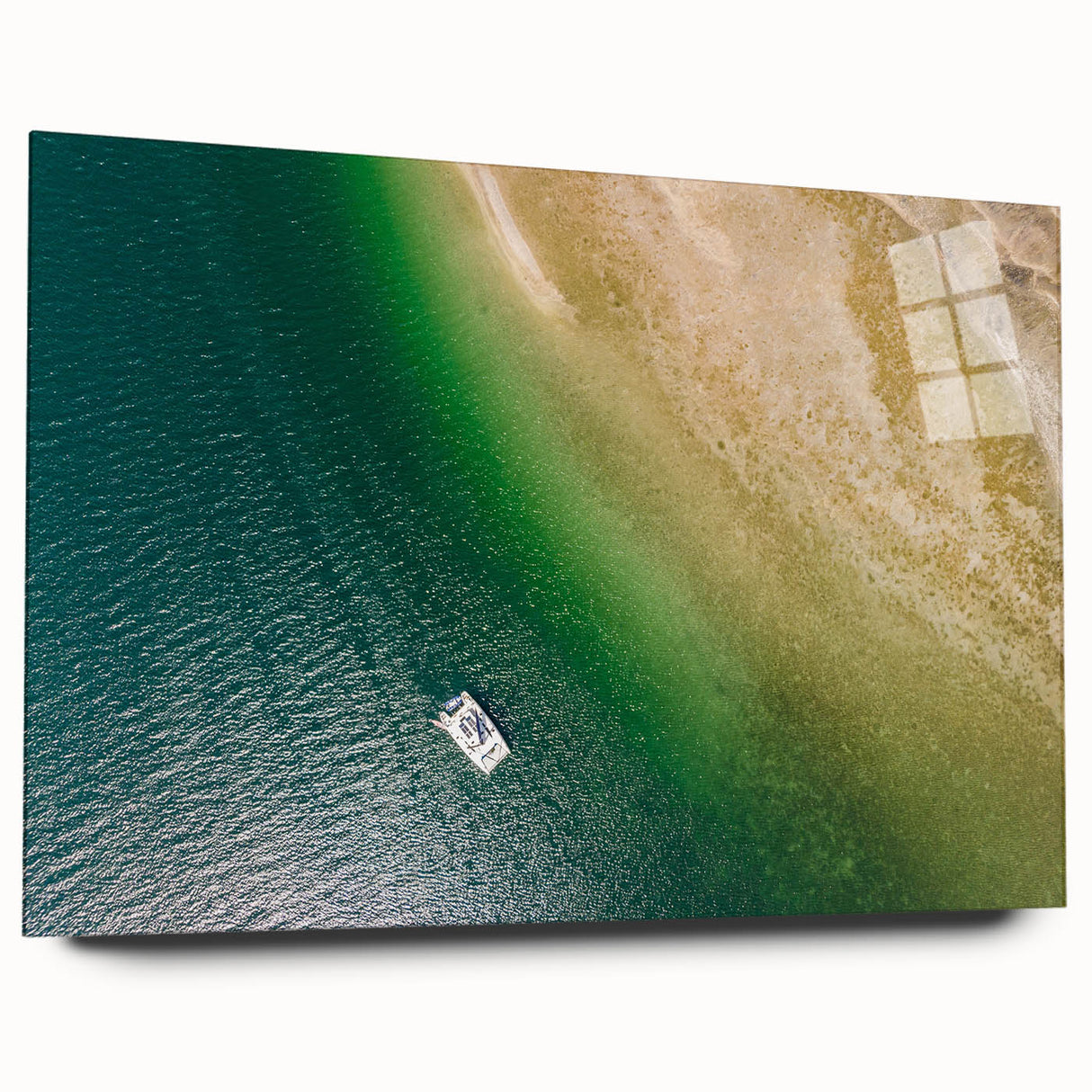 Large abstract wall art of Central American scenery in vibrant greens and blues on acrylic glass.