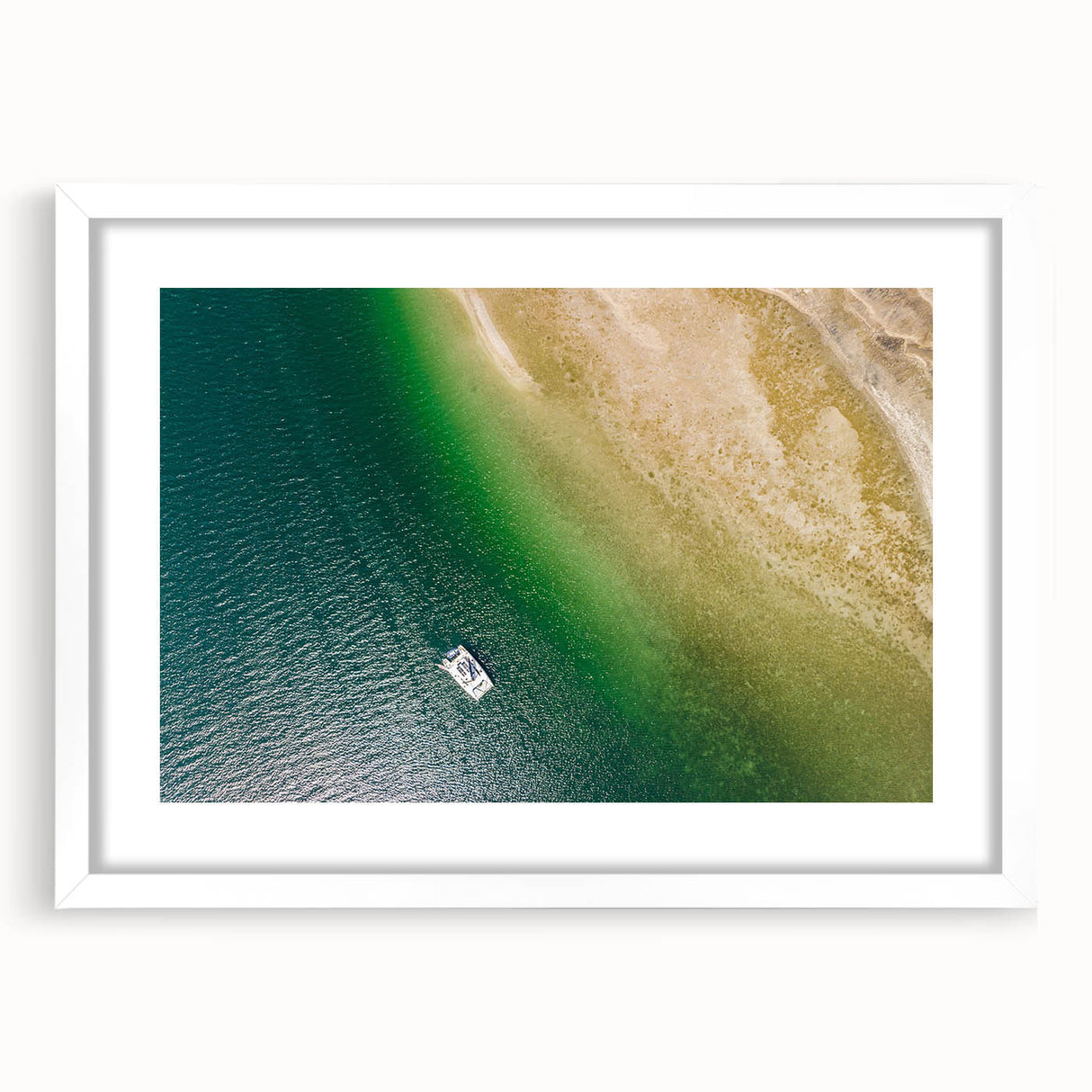 Abstract art print depicting a vibrant, colorful Central American landscape on a white-framed mat.