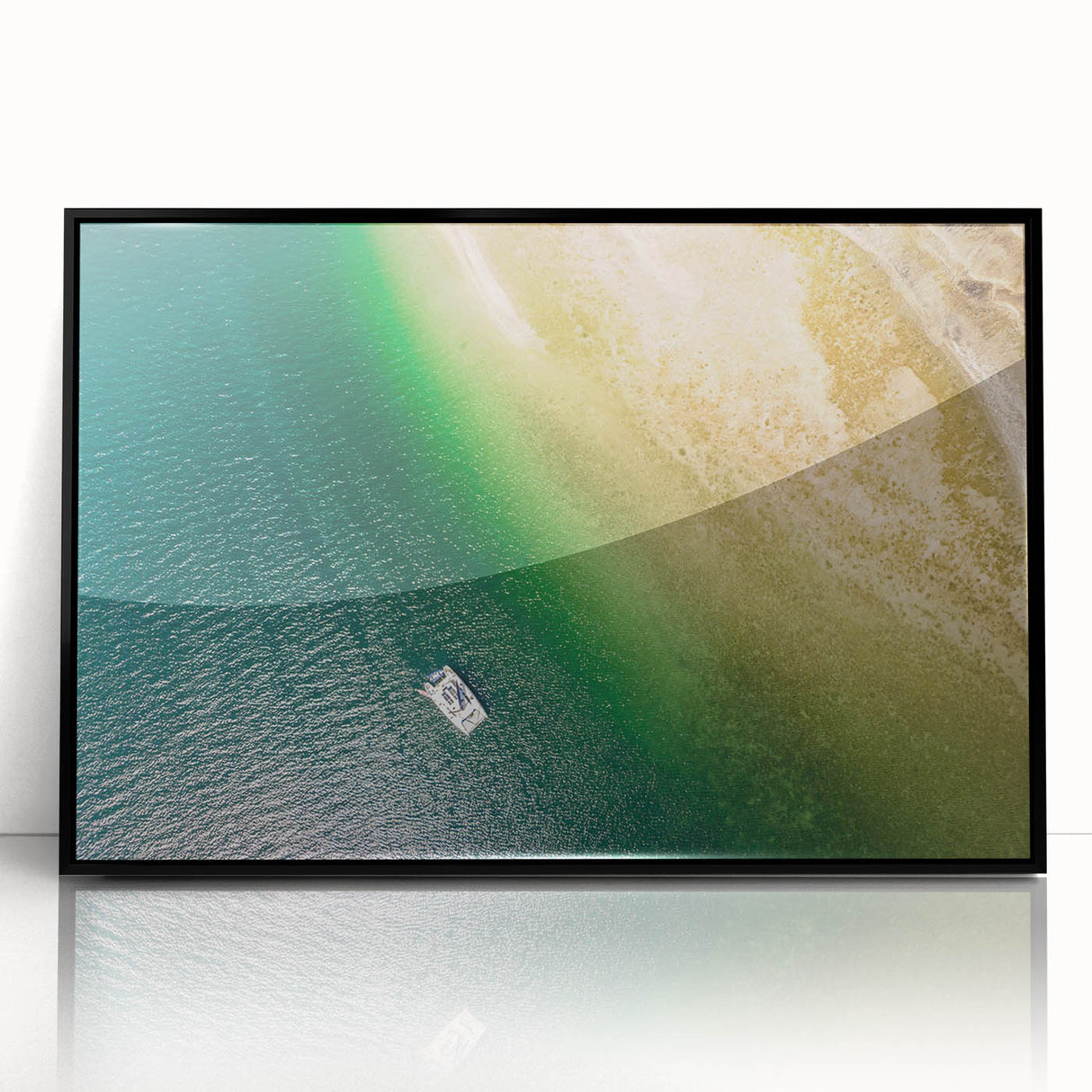 Large abstract wall art featuring a stylized Central American scenery in muted earth tones, framed in black acrylic.
