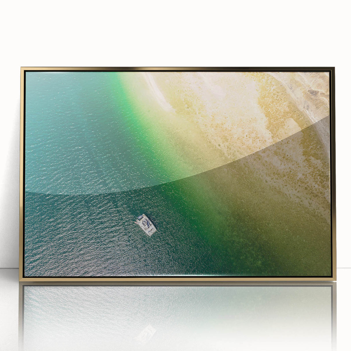 Mid-century modernist acrylic print of a Central American scenery in gold frame, suited for modern art wall decor.