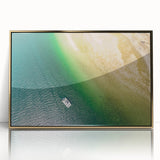 Mid-century modernist acrylic print of a Central American scenery in gold frame, suited for modern art wall decor.