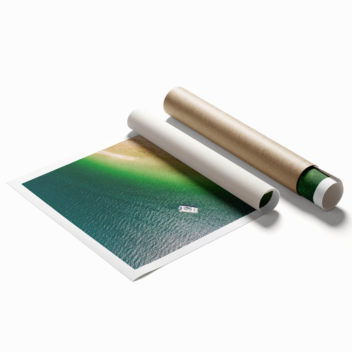 Rolled print of Central American scenery featuring lush greenery and a water reflection, ideal for classy bathroom wall art.