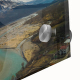 Large abstract wall art featuring a European Albanian scenery in muted earth tones on acrylic glass.