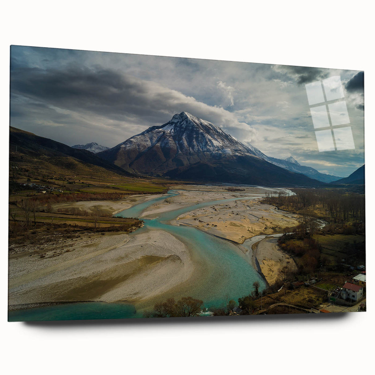 Large abstract wall art featuring a European Albanian scenery in muted earth tones on acrylic glass.
