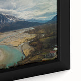 Extra large framed canvas featuring a textured, colorful Albanian landscape on a black background.