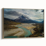 Framed canvas landscape painting of a European Albanian scenery in muted earth tones, ideal for bedroom wall art.