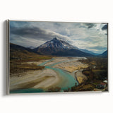 Landscape art painting of a European Albanian scenery on silver-framed canvas, featuring vibrant colors.