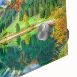 Mid-century modernist abstract of Austrian landscape in muted earth tones on acrylic glass, suitable for dining room art.