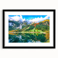 Abstract art print of a colorful Austrian landscape on textured canvas, framed in black, ideal for living room decor.