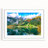 Textured abstract art print depicting a serene Austrian landscape in muted earth tones, framed with a white mat.