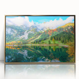 Art deco poster featuring a European scenery in gold and black tones, acrylic print framed.