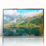 Large art print of a European scenery in Austria, rendered in mid-century modernist style with muted earth tones.