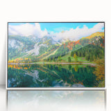 Mid-century modernist art depicting a scenic European landscape in muted earth tones on a framed acrylic panel.