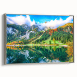 Framed canvas featuring a vintage-style landscape art painting of an Austrian scenery in colorful and black tones.