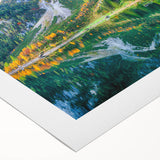 Art deco poster of a serene Austrian landscape in muted green and blue tones on rolled canvas, ideal for dining room decor.