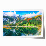 Scenic European landscape with lush greenery and a distant mountain, in muted green and blue tones on a rolled canvas.