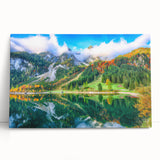 Black and white photo of an Austrian landscape on stretched canvas, ideal for kitchen wall art.