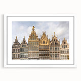 Textured abstract art print depicting a European scenery in muted earth tones on a framed white canvas.