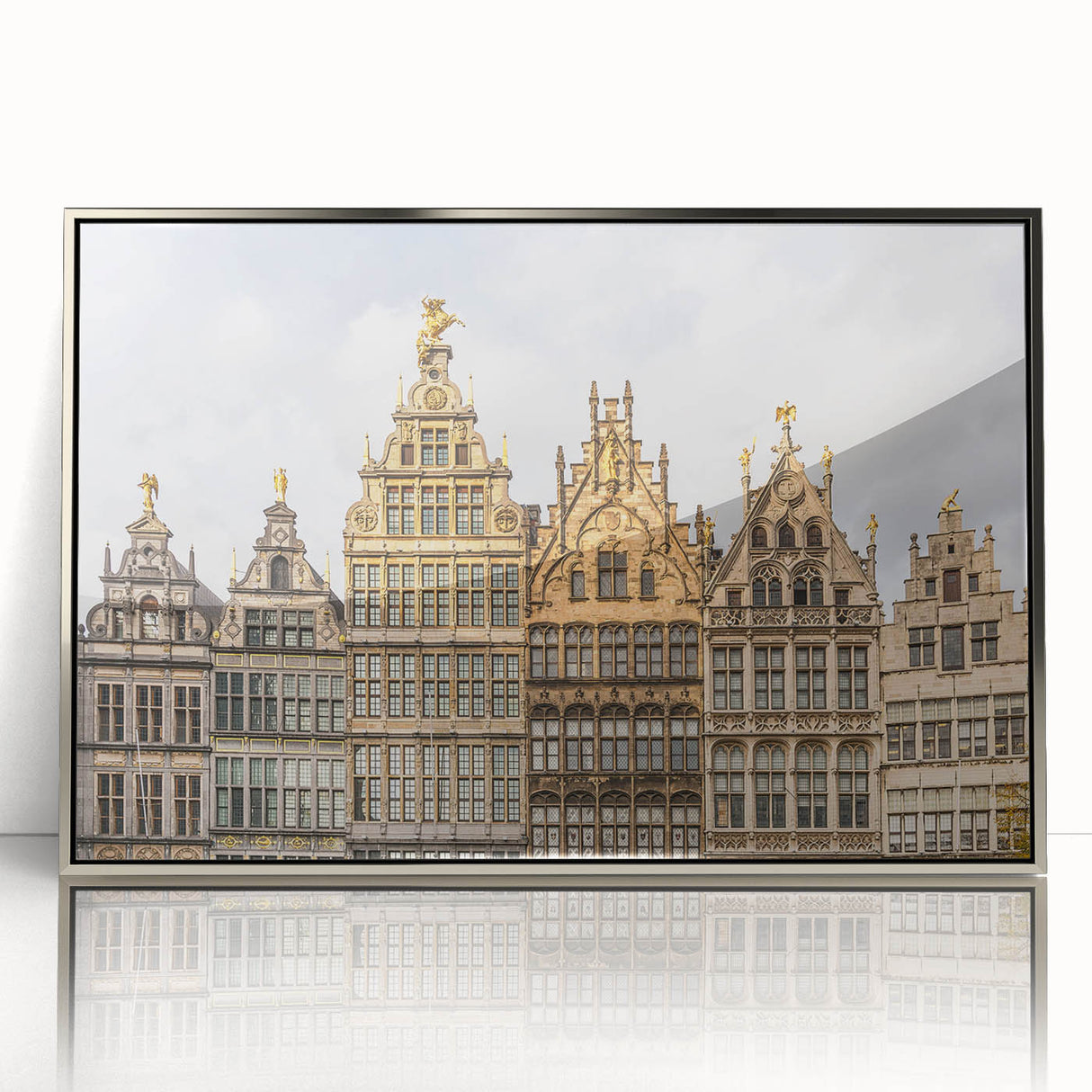 Art deco poster of a European cityscape in silver framed acrylic, with cool gray tones, ideal for modern art wall decor.