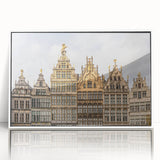 Mid-century modernist acrylic print of a European cityscape in muted pastel shades, ideal for modern art wall decor.