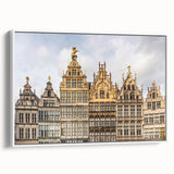 Vintage poster art of a colorful European scenery on a large framed canvas, ideal for living room decor.