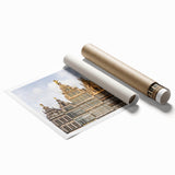 Extra large rolled print featuring a scenic view of a European town with soft pastel colors.