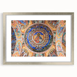 Extra large abstract art print depicting a textured European scenery in muted earth tones, framed in silver.