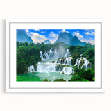 Textured art depicting a Croatian coastal scene in muted blue and green tones on a framed white mat.