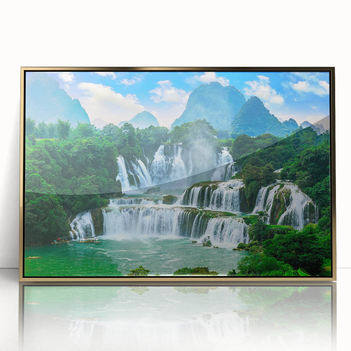 Art deco poster of a Croatian landscape in muted gold and blue tones, acrylic print framed.
