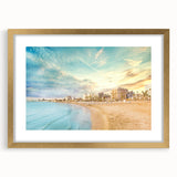 Abstract art print of a European Cyprus scenery in muted gold and blue tones, framed with a gold mat.