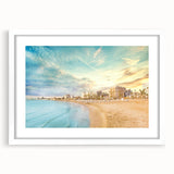 Textured abstract art print of a European Cyprus landscape in muted earth tones, framed with a white mat.