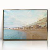 Art deco poster of a European Cyprus landscape in gold acrylic frame, suitable for modern nursery wall art.