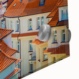 Acrylic print of a large abstract depiction of Prague with muted earth tones, ideal for dining room art.