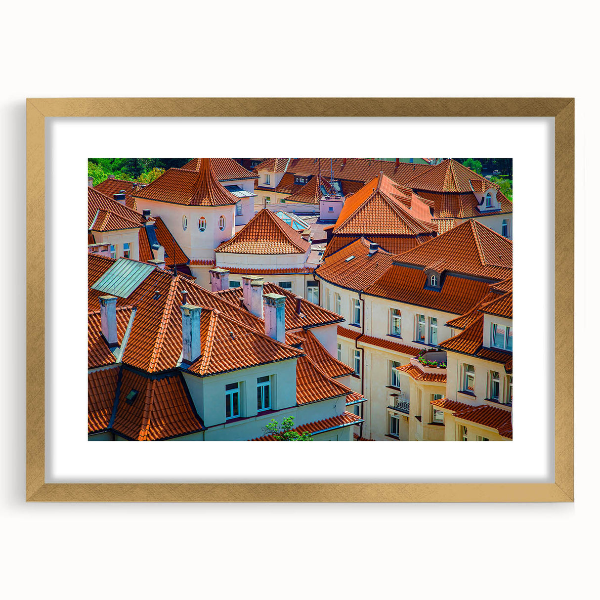 Abstract art print of Prague skyline in muted gold and blue tones on a framed canvas, suitable for dining room decor.