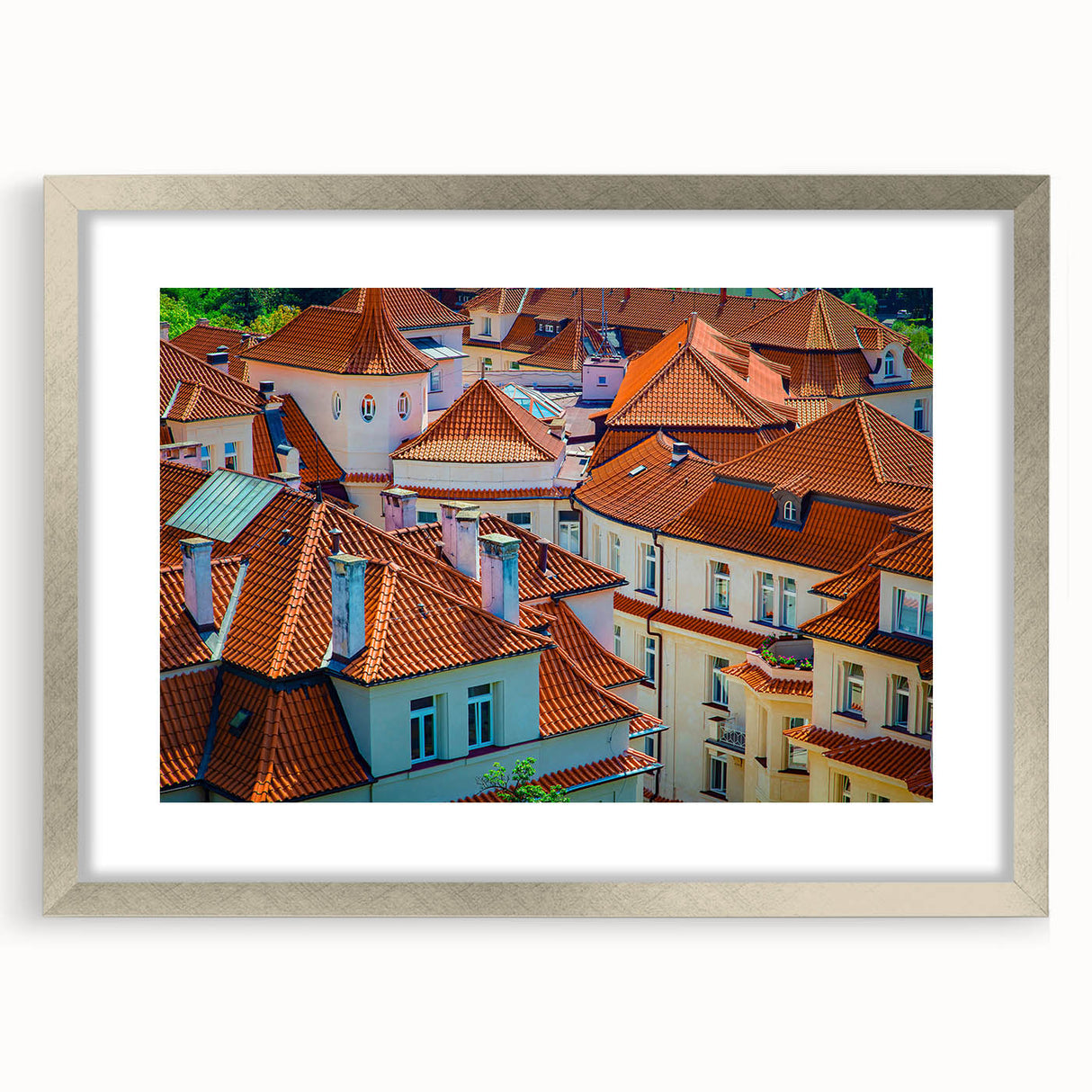Extra large framed abstract print of Prague in textured silver, using muted gray and blue tones, ideal for living room decor.
