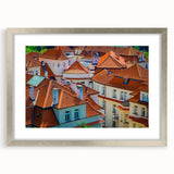 Extra large framed abstract print of Prague in textured silver, using muted gray and blue tones, ideal for living room decor.