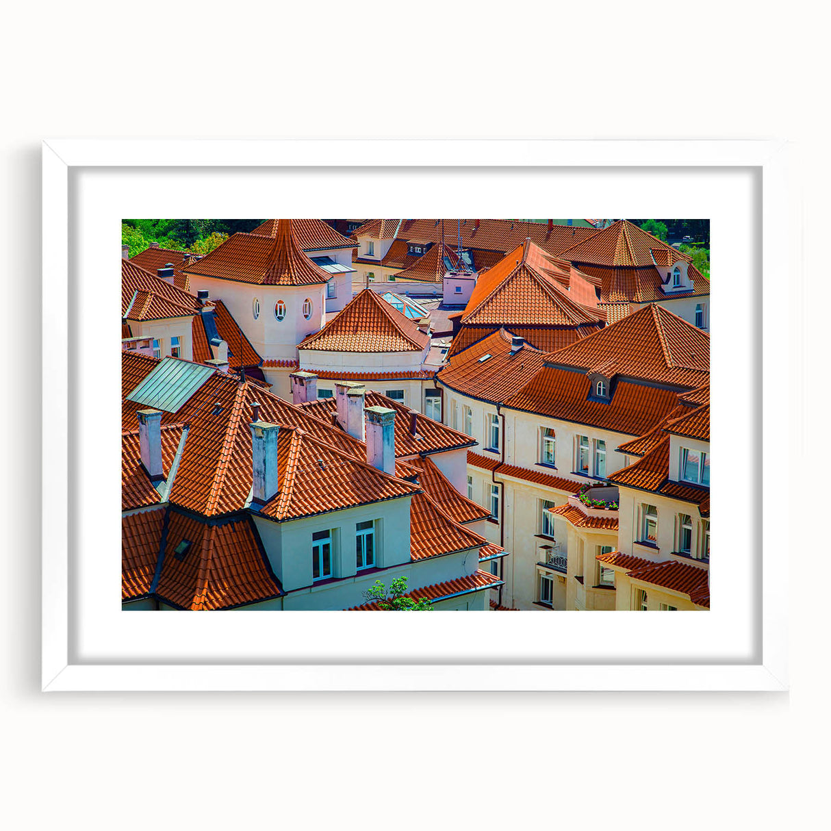 Textured art print of Prague skyline in muted earth tones on a framed white mat, suitable for bedroom decor.