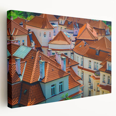 Large art print of Prague's skyline in muted earth tones on stretched canvas, ideal for kitchen wall decor.