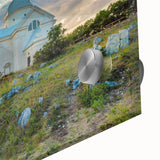 Large abstract wall art featuring a mid-century modernist Czech Republic scenery in muted earth tones.