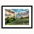 Abstract art print of a colorful European landscape in a black frame, ideal for living room decor.