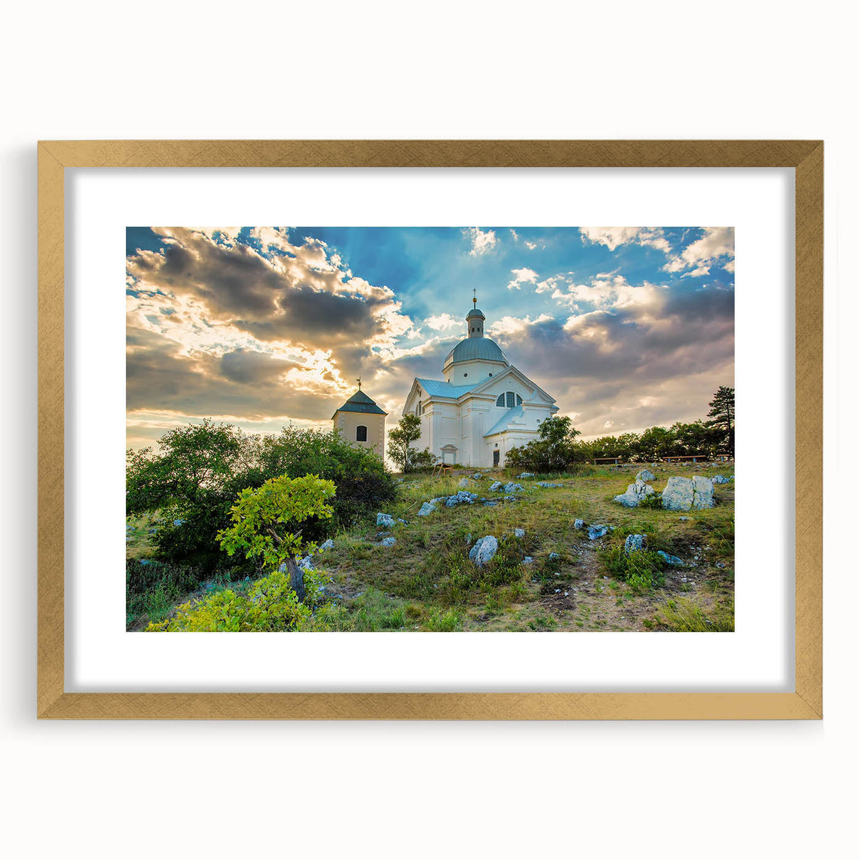 Abstract art print of a Czech Republic scenery in muted earth tones, framed with a gold mat, ideal for dining room decor.