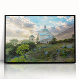 Large abstract wall art depicting a scenic Czech Republic landscape in muted earth tones, framed in black acrylic.