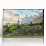 Art deco poster of a Czech Republic scenery on framed acrylic, in gold tones, suitable for nursery wall art.