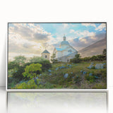 Mid-century modernist art depicting the Czech Republic scenery in muted earth tones on a framed acrylic.