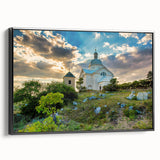 Black and white framed canvas of a vintage Czech Republic landscape, ideal for bedroom decor.