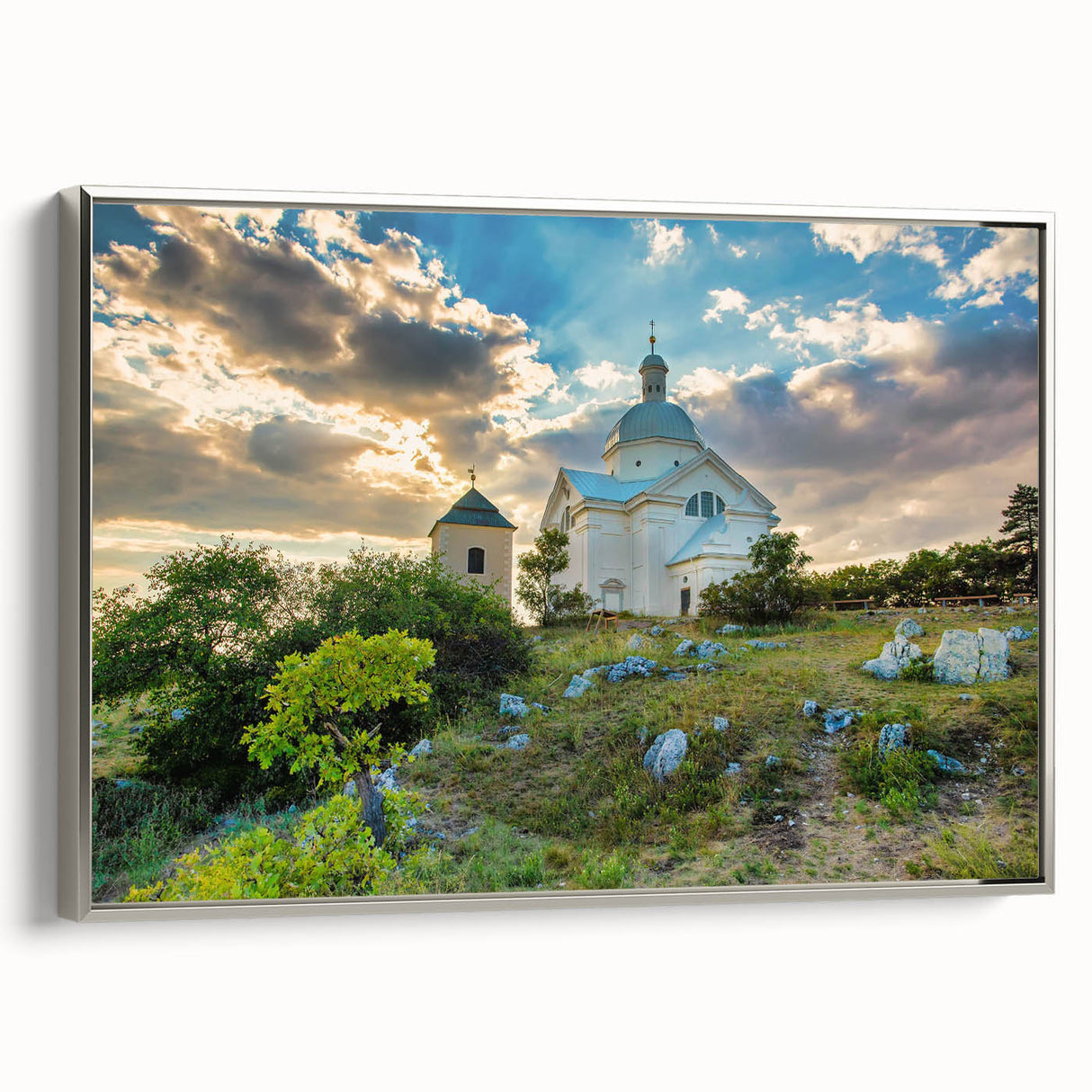 Framed canvas landscape art painting of a European scenery in vibrant colors, ideal for living room decor.